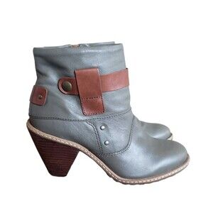 Anthropologie Lucky Penny Clay Green Brown Leather Zip Ankle Bootie Size 7.5B